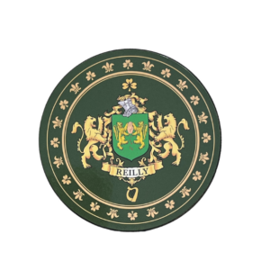 alt= a green family crest coaster depicting the Reilly family crest on a white background