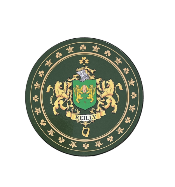 alt= a green family crest coaster depicting the Reilly family crest on a white background