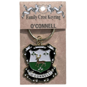 alt= a family crest keychain depicting the O'Connell family crest on a white background