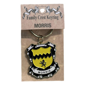 alt= a family crest keychain depicting the Morris family crest on a white background