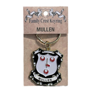 alt= a family crest keychain depicting the Mullen family crest on a white background
