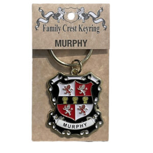 alt= a family crest keychain depicting the Murphy family crest on a white background
