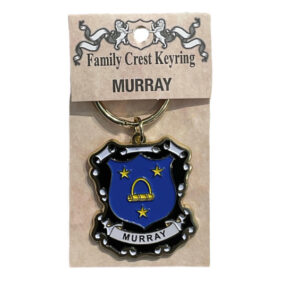 alt= a family crest keychain depicting the Murray family crest on a white background