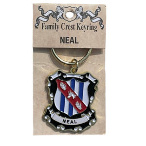 alt = a family crest keychain depicting the Neal family crest on a white background