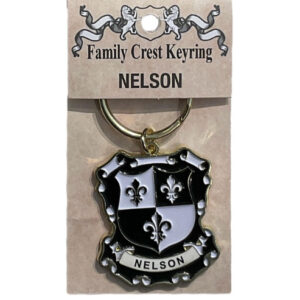 alt= a family crest keychain depicting the Nelson family crest on a white background