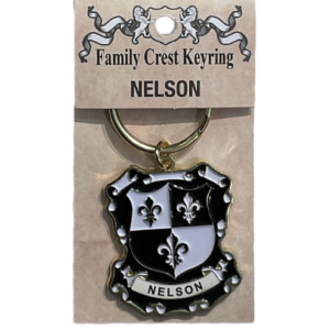 alt= a family crest keychain depicting the Nelson family crest on a white background