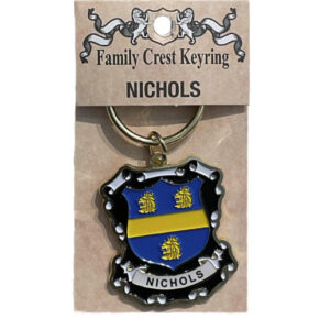 alt= a family crest keychain depicting the Nichols family crest on a white background
