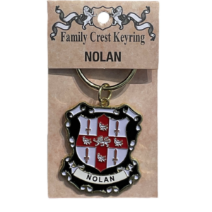 alt= a family crest keychain depicting the Nolan family crest on a white background