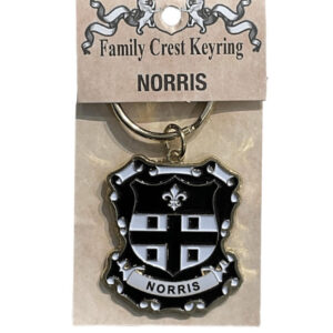 alt= a family crest keychain depicting the Norris family crest on a white background