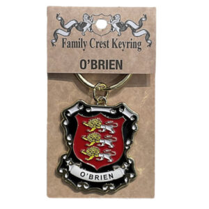 alt= a family crest keychain depicting the O'Brien family crest on a white background