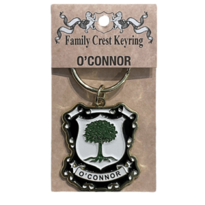 alt= afamily crest keychain depicting the O'Connor family crest on a white background