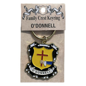 alt= a family crest keychain depicting the O'Donnell family crest on a white background