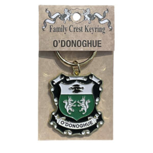 alt= a family crest keychain depicting the O'Donoghue family crest on a white background