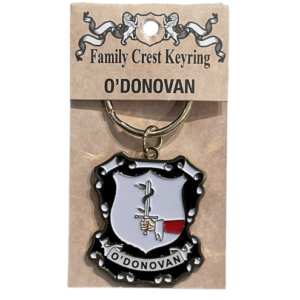 alt= a family crest keychain depicting the O'Donovan family crest on a white background