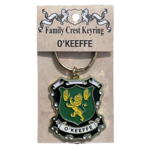 alt= a family crest keychain depicting the O'Keeffe family crest on a white background
