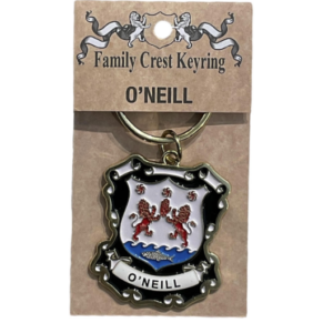 alt= a family crest keychain depicting the O'Neill on a white background