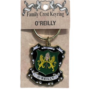 alt= a family crest keychain depicting the O'Reilly family crest on a white background