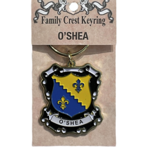alt= a family crest keychain depicting the O'Shea family crest on a white background