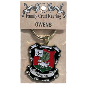 alt= a family crest keychain depicting the Owens family crest on a white background