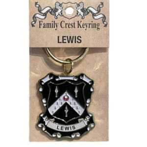 Alt= a family crest keychain depicting the Lewis family crest on a white background