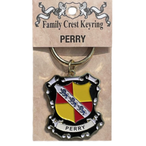 alt a family crest keychain depicting the Perry family crest on a white background