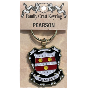 alt= a family crest keychain depicting the Pearson family crest on a white background