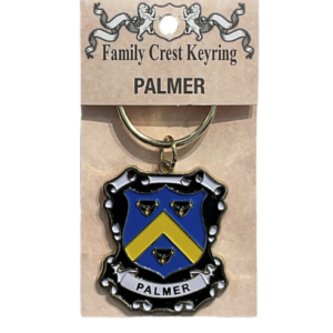 alt= a family crest keychain depicting the Palmer family crest on a white background