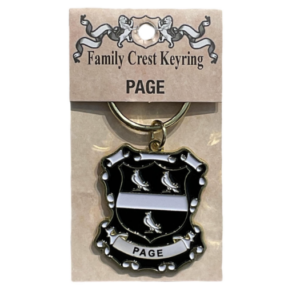 alt= a family crest keychain depicting the Page family crest on a white background
