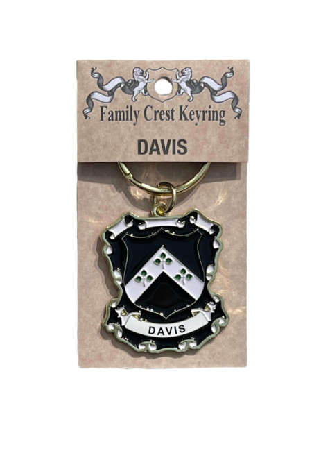 alt= a family crest keychain depicting the Davis family crest on a white background