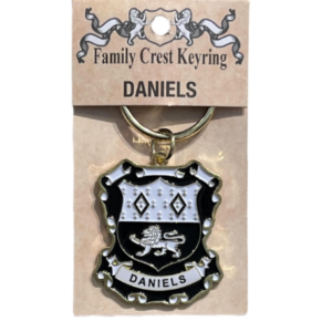 alt= a family crest keychain depicting the Daniels family crest on a white background