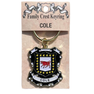 alt= a family crest keychain depicting the Cole family crest on a white background