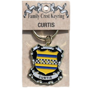alt= a family crest keychain depicting the Curtis family crest on a white background