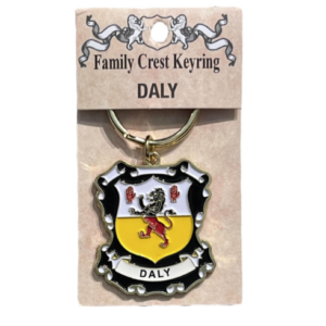 alt= a family crest keychain depicting the Daly family crest on a white background