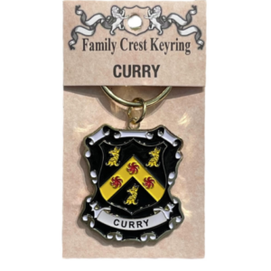 alt=a family crest keychain depicting the Curry family crest on a white background