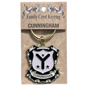 alt= a family crest keychain depicting the Cunningham family crest on a white background