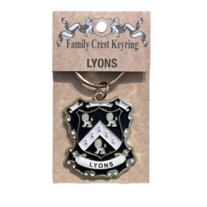 alt= a family crest keychain depicting the Lyons family crest on a white background