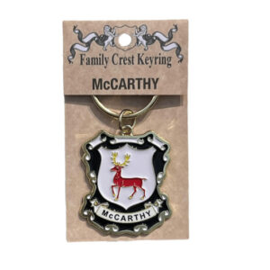alt= a family crest keychain depicting the McCarthy family crest on a white background