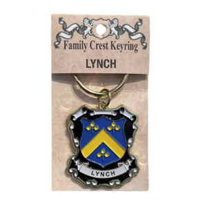 alt= a family crest keychain depicting the Lynch family crest on a white background