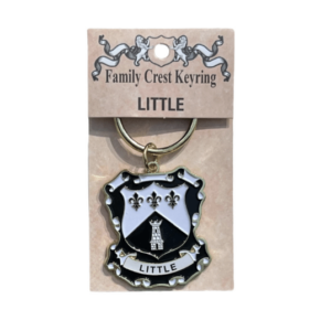 alt= a family crest keychain depicting the Little family crest on a white background