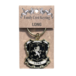 alt= a family crest keychain depicting the Long family crest on a white background