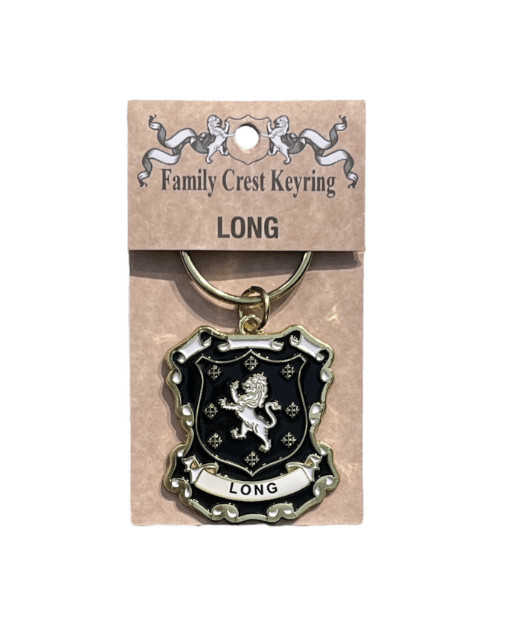 alt= a family crest keychain depicting the Long family crest on a white background