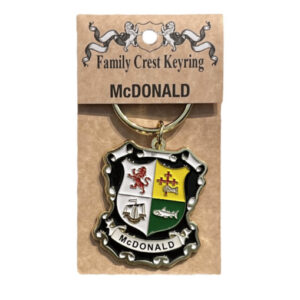 alt= a family crest keychain depicting the McDonald family crest on a white background