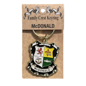alt= a family crest keychain depicting the McDonald family crest on a white background