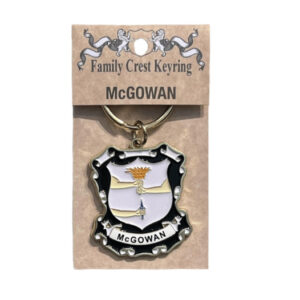 alt= a family crest keychain depicting the McGowan family crest on a white background