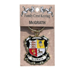 alt= a family crest keychain depicting the McGrath family crest on a white background