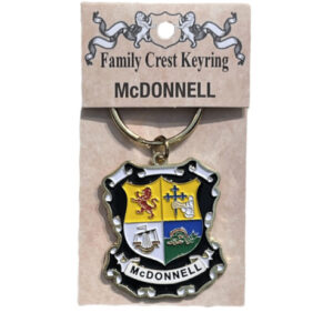 alt= a family crest keychain depicting the McDonnell family crest on a white background