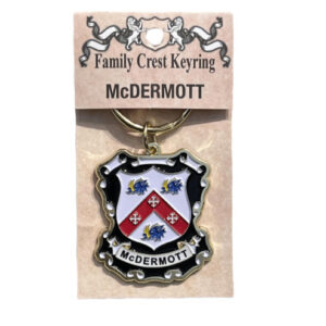 alt= a family crest keychain depicting the McDermott family crest on a white background