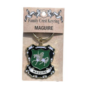 alt= a family crest keychain depicting the Maguire family crest on a white background