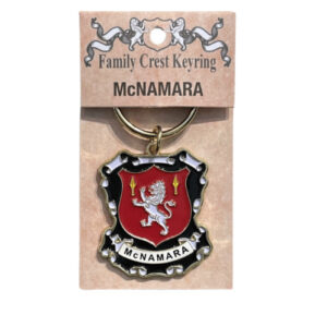 alt= a family crest keychain depicting the McNamara family crest on a white background