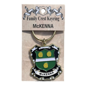 alt= a family crest keychain depicting the McKenna family crest on a white background